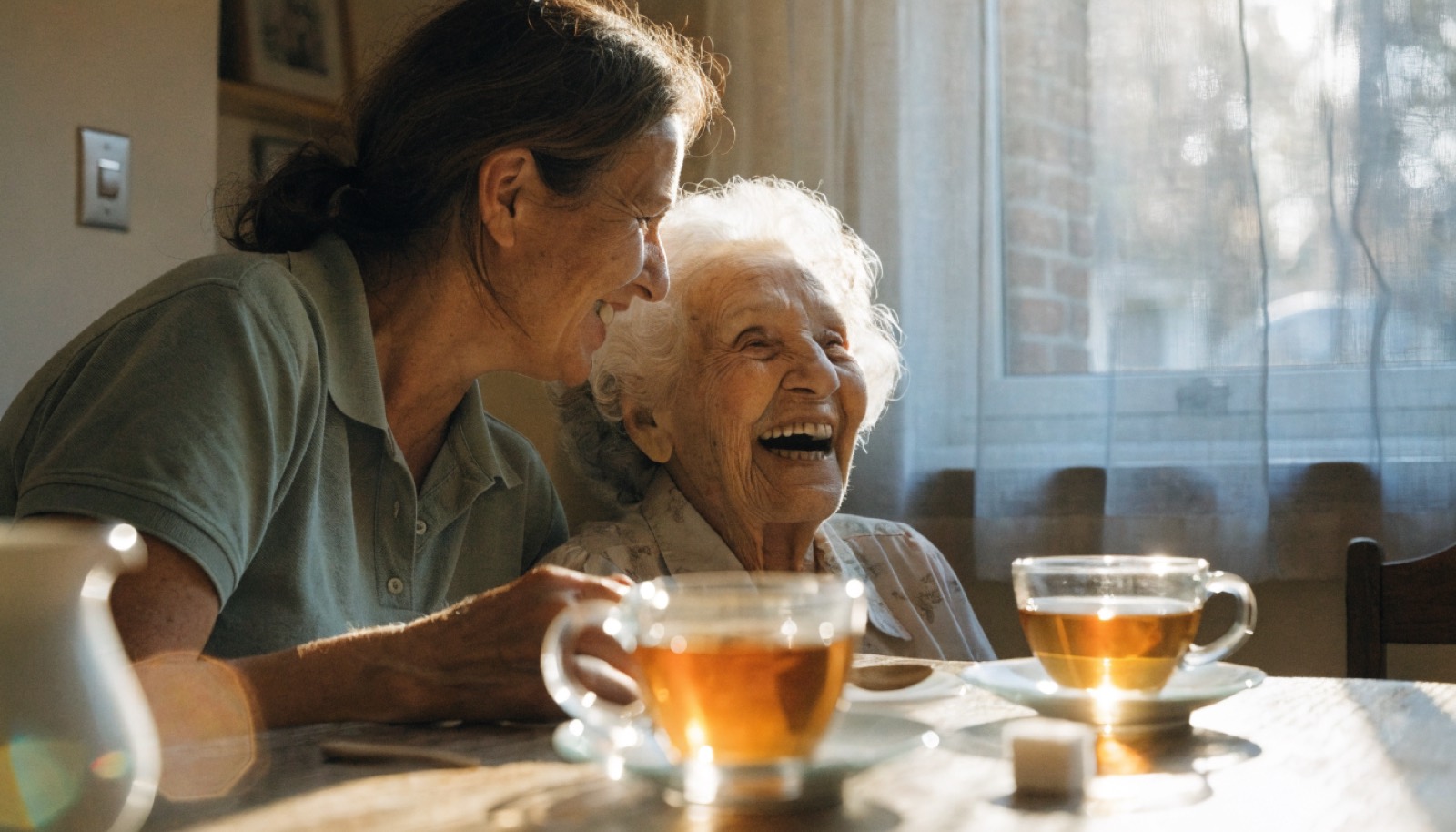 Eine Betreuungskraft und eine Seniorin lachen gemeinsam bei einer Tasse Tee am Fenster